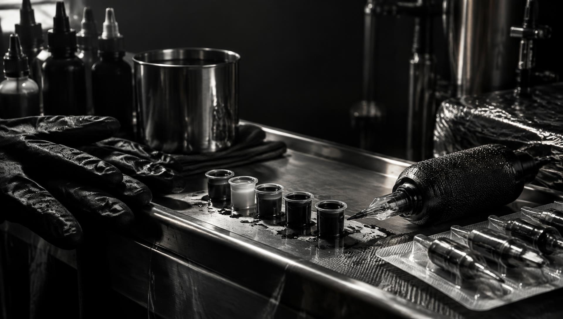 Tattoo workstation with ink caps and equipment
